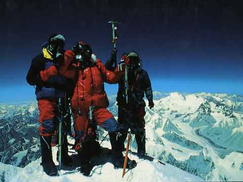 
Chris Bonington photo of Odd Eliassen, Bjorn Myrer-lund and Pertemba On Everest Summit Apr 21, 1985 - Peaks Of Glory book back cover
